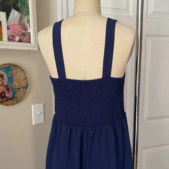 ROUGE Navy Blue Smocked chest Stretch Wide-Leg Romper Jumpsuit *LARGE* - Picture 5 of 6